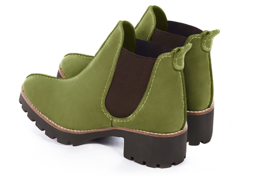 Pistachio green and chocolate brown women's ankle boots, with elastics. Round toe. Low rubber soles. Rear view - Florence KOOIJMAN